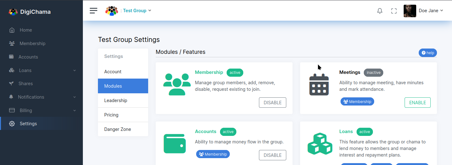 Chama Modules Settings Page